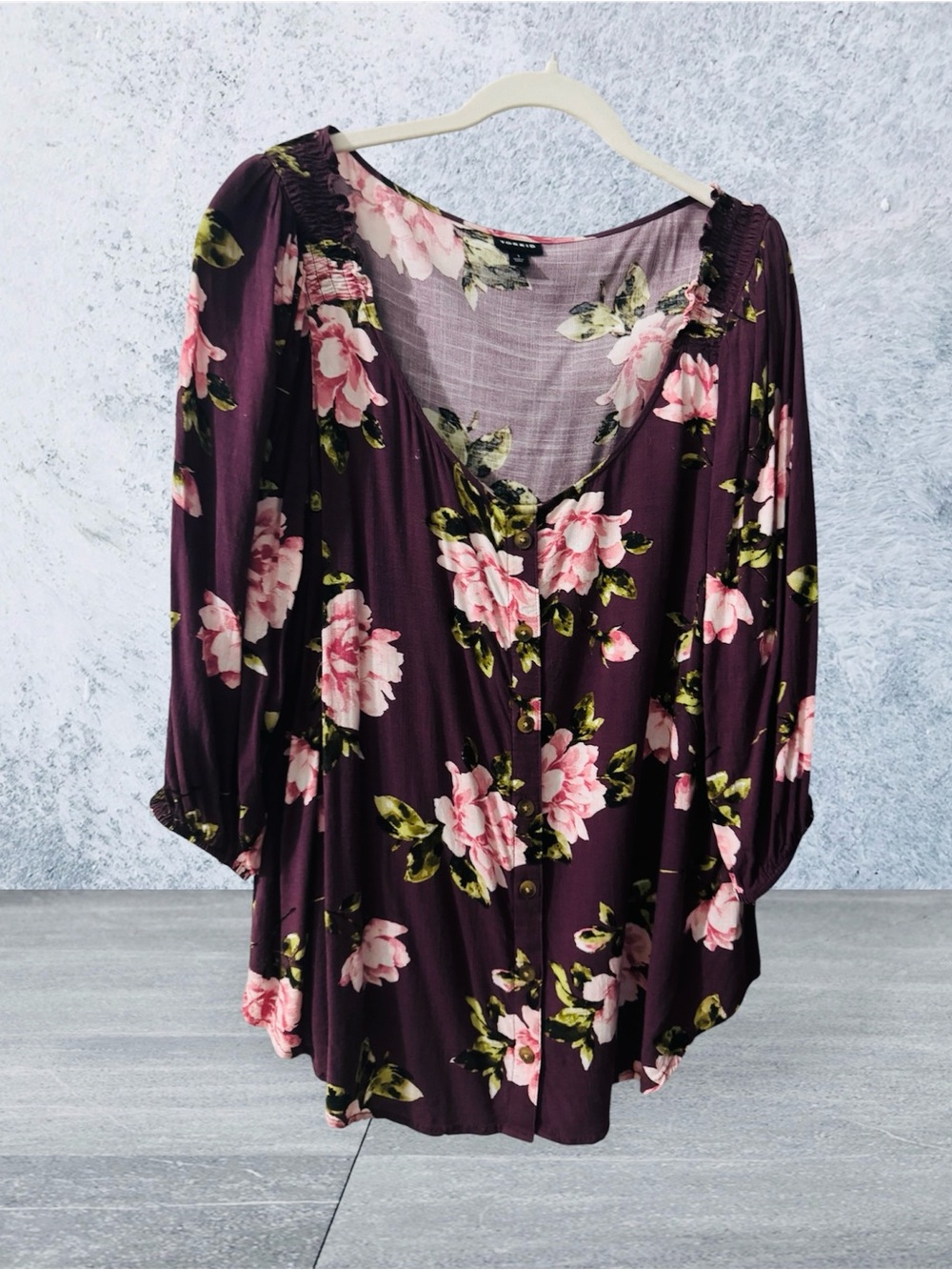 torrid Plum Floral Button-Front Tunic with Pink Roses